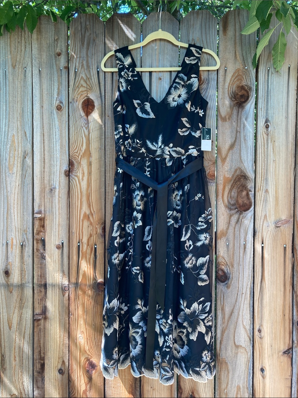 SLNY Embroidered Floral Mesh Overlay Black Dress w/ Sash P2P